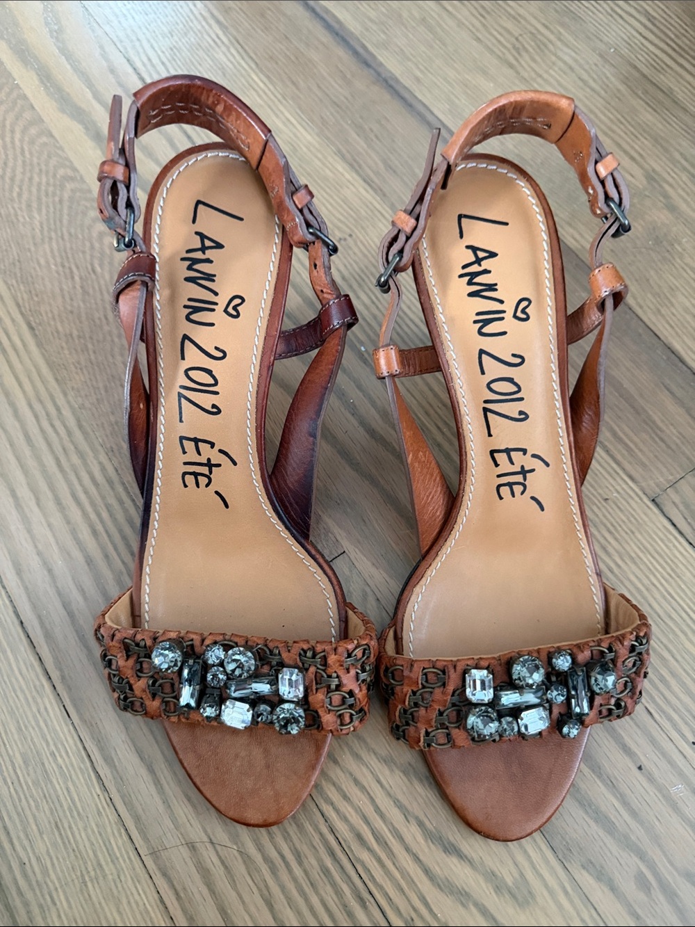 Lanvin Tan Leather Jeweled Slingback Sandals